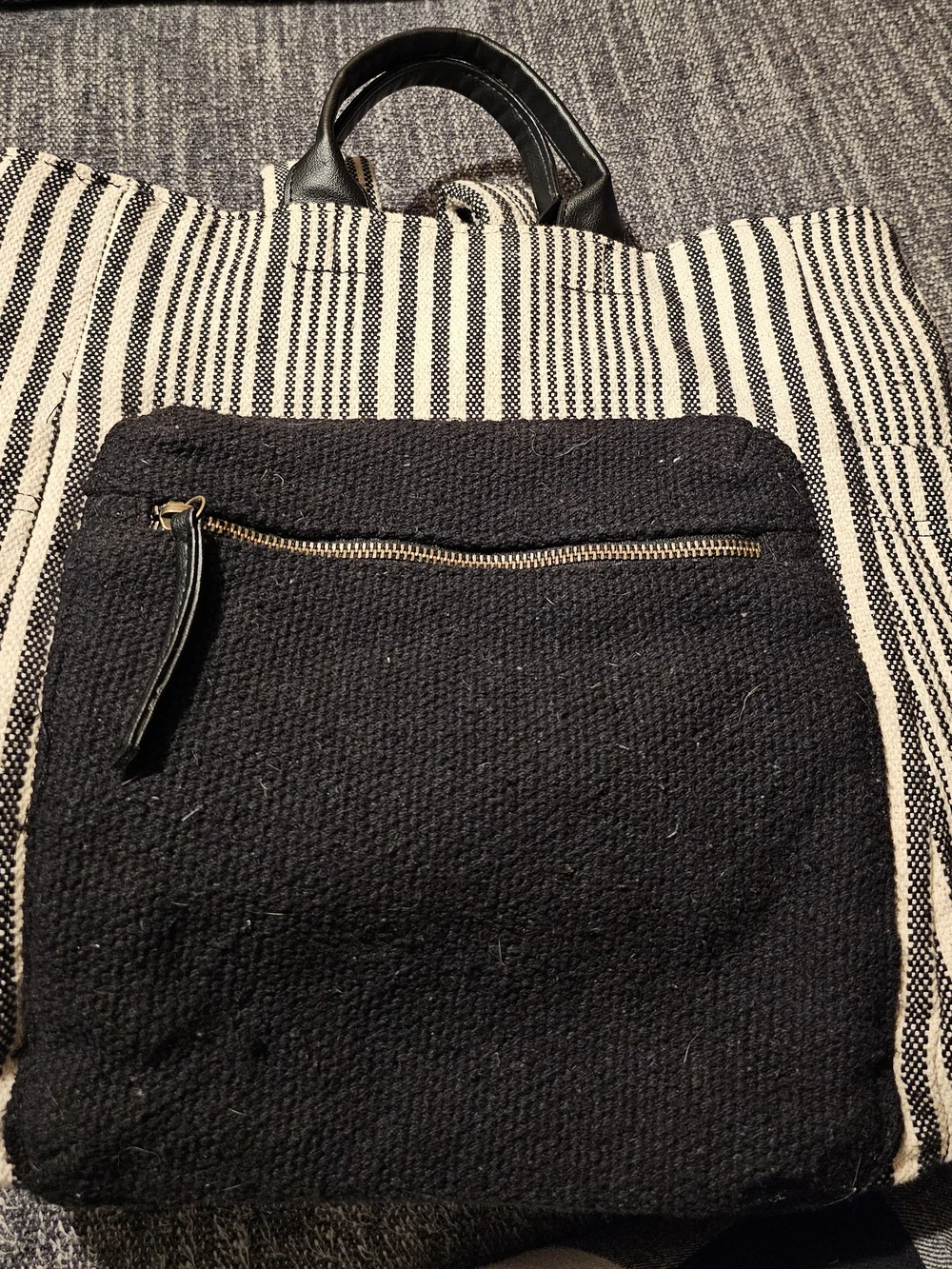 Universal Thread Black & Ivory Striped Tote with Black Front Zip Pocket